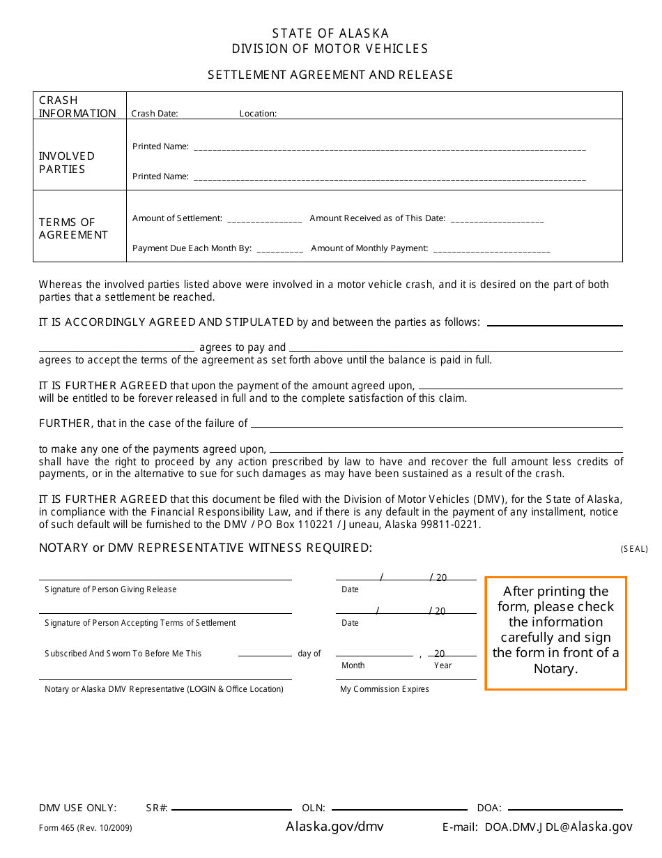 Form 465 Settlement Agreement and Release - Alaska, Page 1