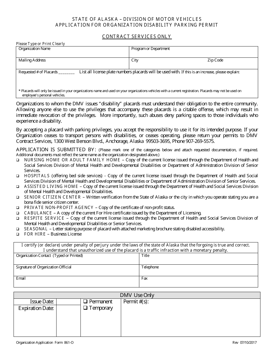 Form 861-O Application for Organization Disability Parking Permit - Alaska, Page 1