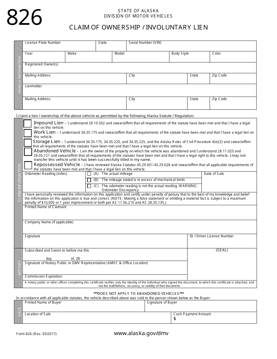 Form 826 Claim of Ownership / Involuntary Lien - Alaska, Page 1