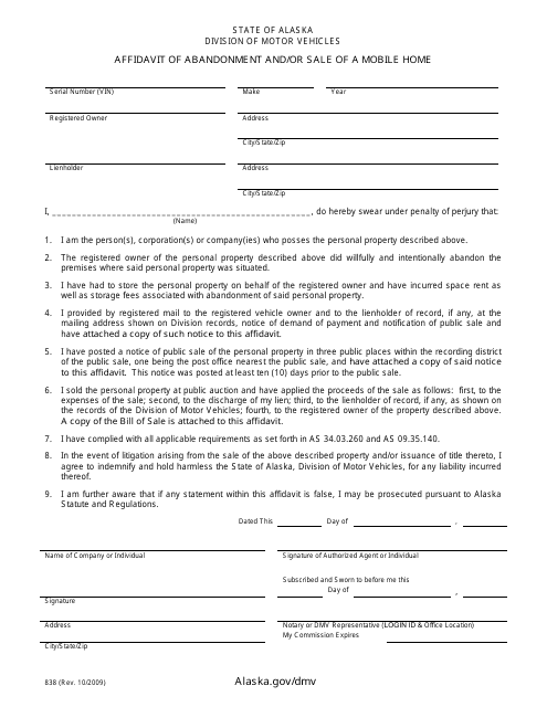 Form 838 Affidavit of Abandonment and/or Sale of a Mobile Home - Alaska