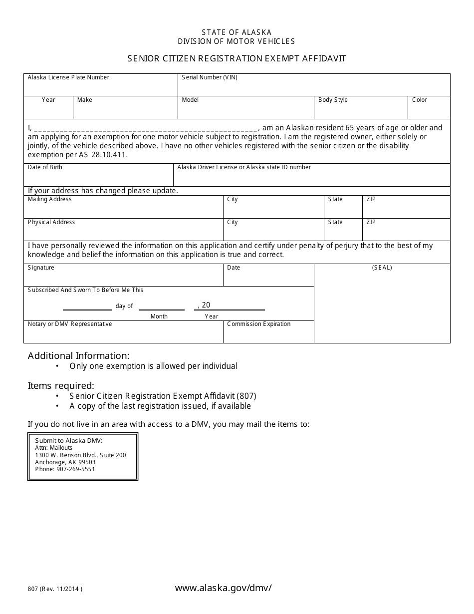 Form 807 Senior Citizen Registration Exempt Affidavit - Alaska, Page 1