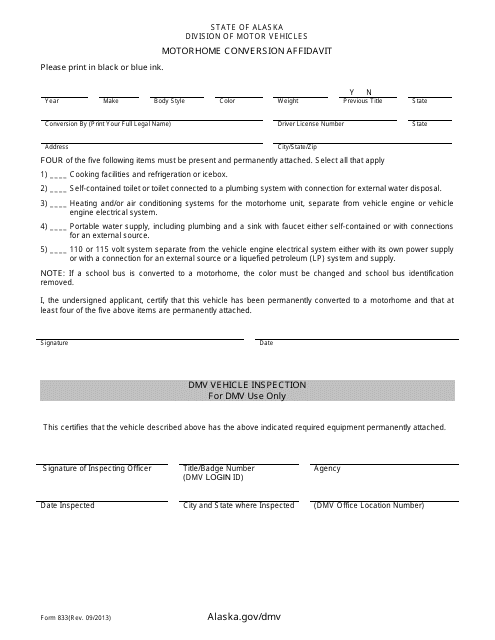 Form 833 Motorhome Conversion Affidavit - Alaska