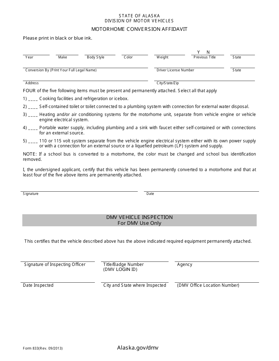 Form 833 Motorhome Conversion Affidavit - Alaska, Page 1