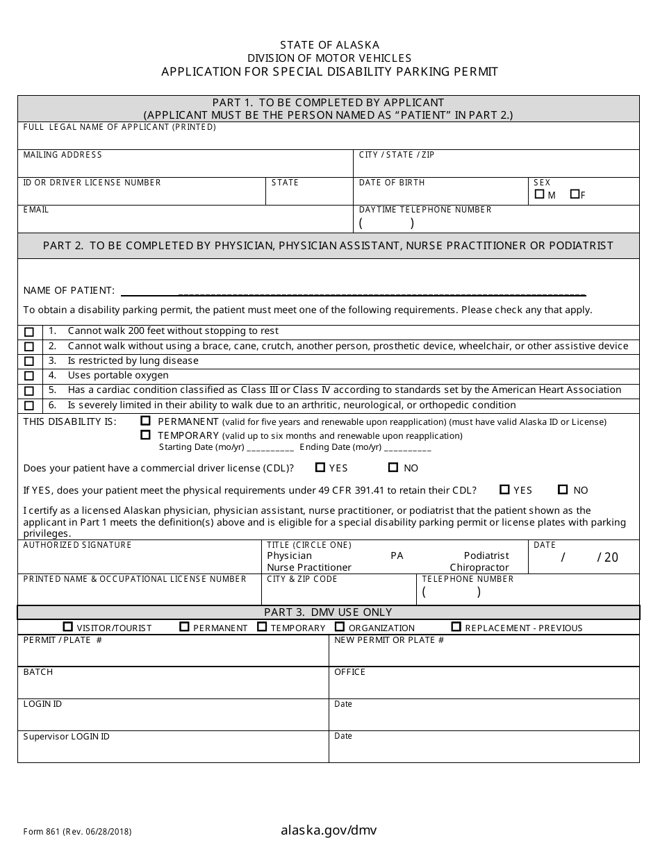 Form 861 Download Fillable Pdf Or Fill Online Application For Special Disability Parking Permit Alaska Templateroller Form 861 Download Fillable Pdf Or Fill Online Application For Special Disability Parking Permit Alaska Templateroller