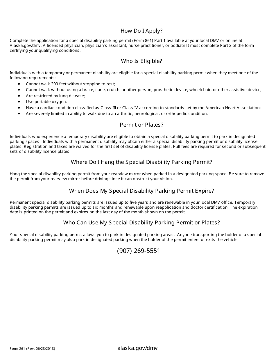 Form 861 Application for Special Disability Parking Permit - Alaska, Page 2
