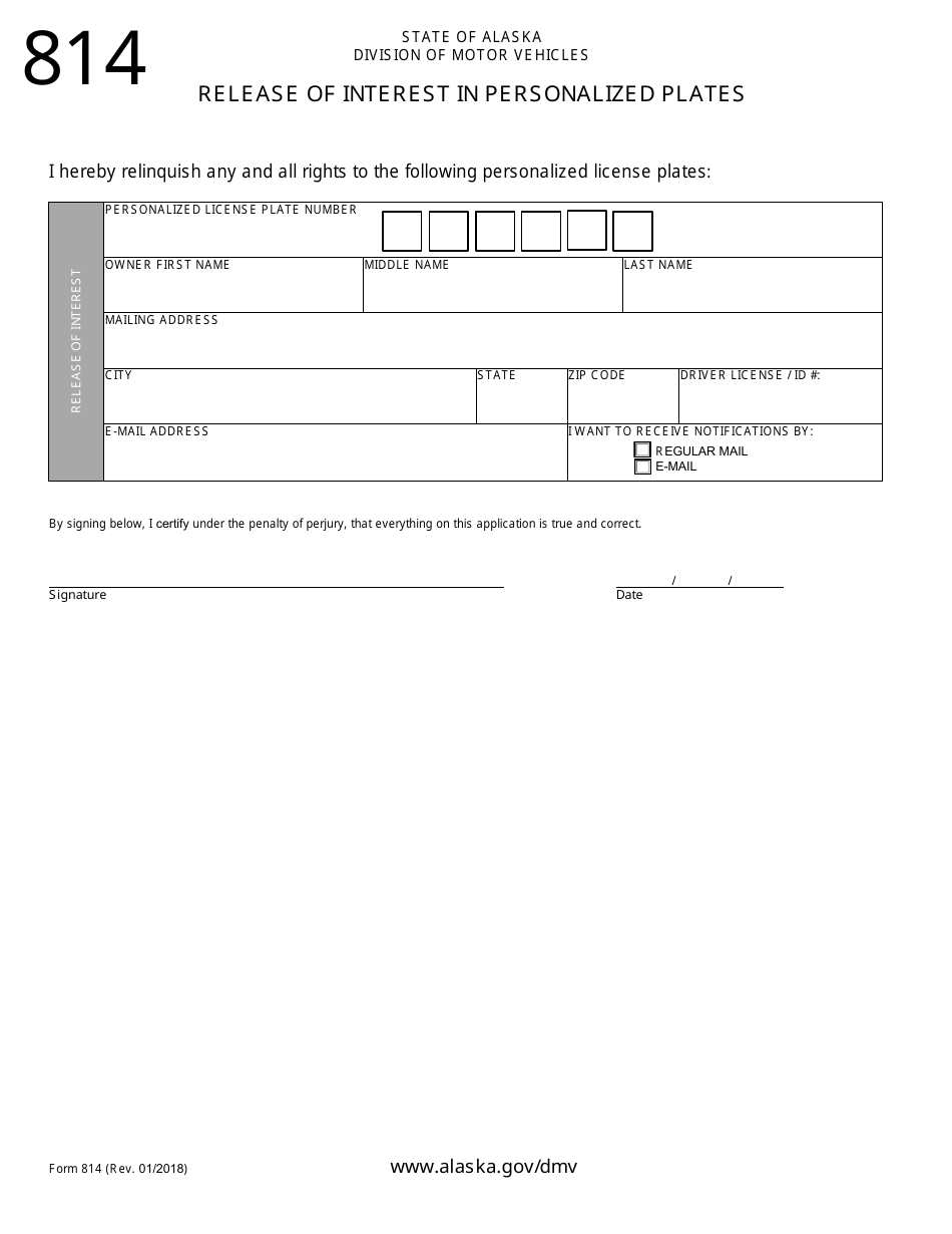 Form 814 Release of Interest in Personalized Plates - Alaska, Page 1