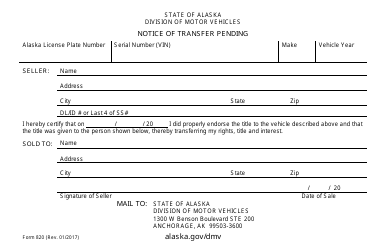 Form 820 &quot;Notice of Transfer Pending&quot; - Alaska
