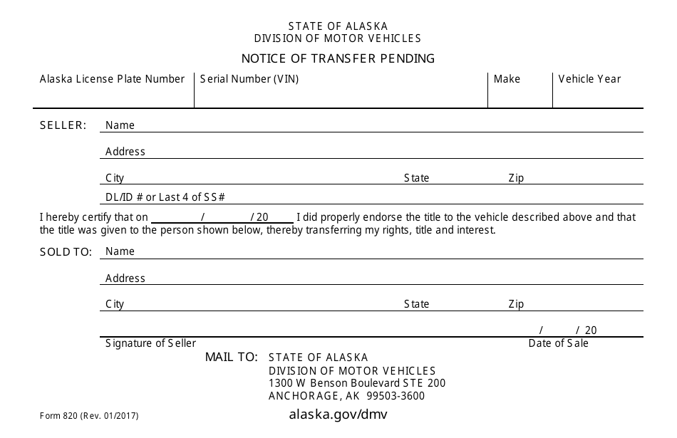 Form 820 Notice of Transfer Pending - Alaska, Page 1