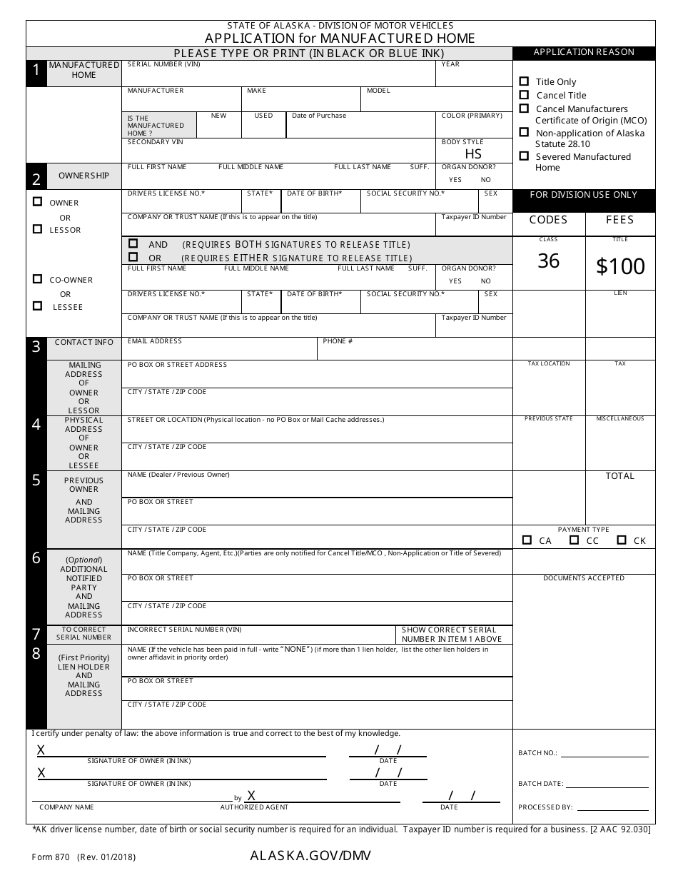 Form 870 Application for Manufactured Home - Alaska, Page 1