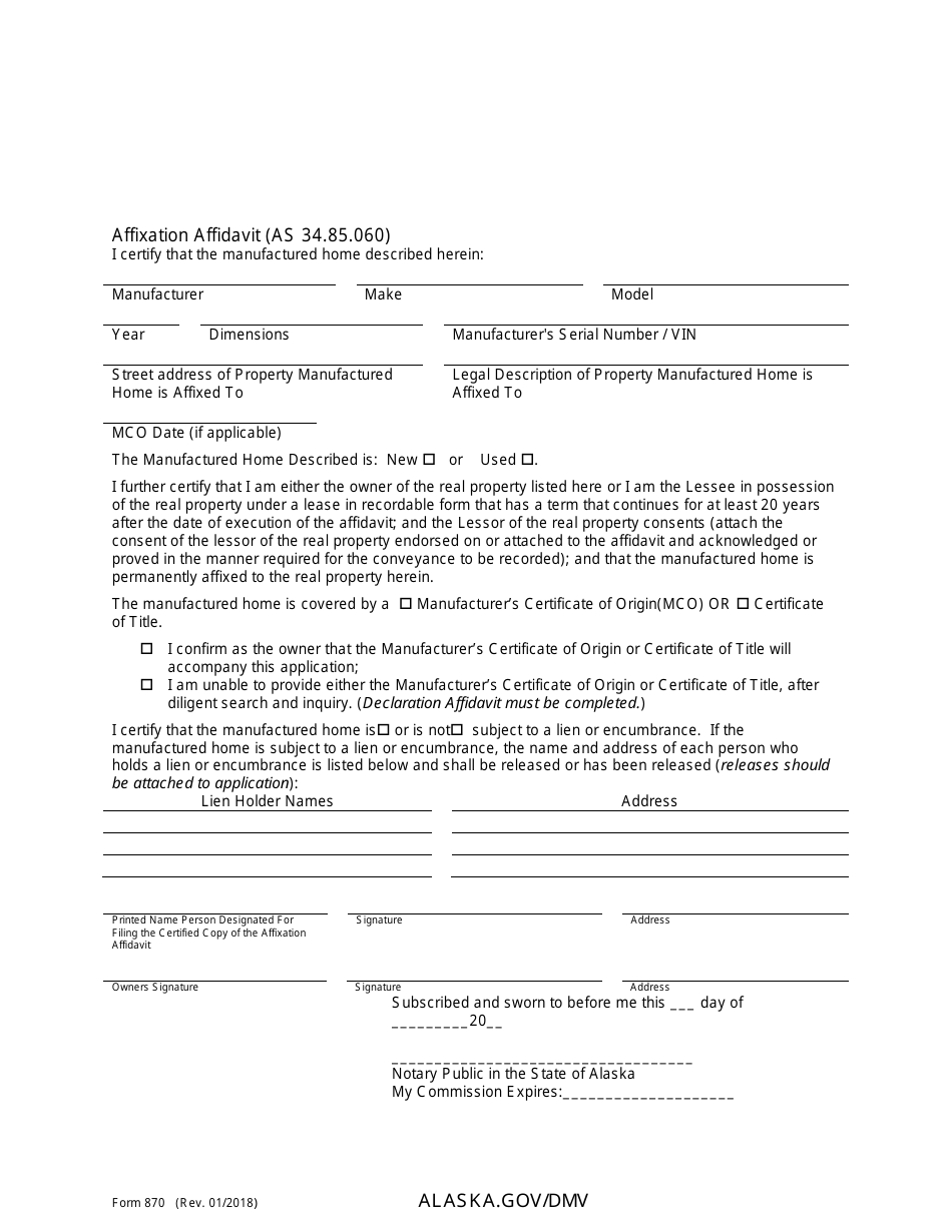 Form 870 - Fill Out, Sign Online and Download Fillable PDF, Alaska ...