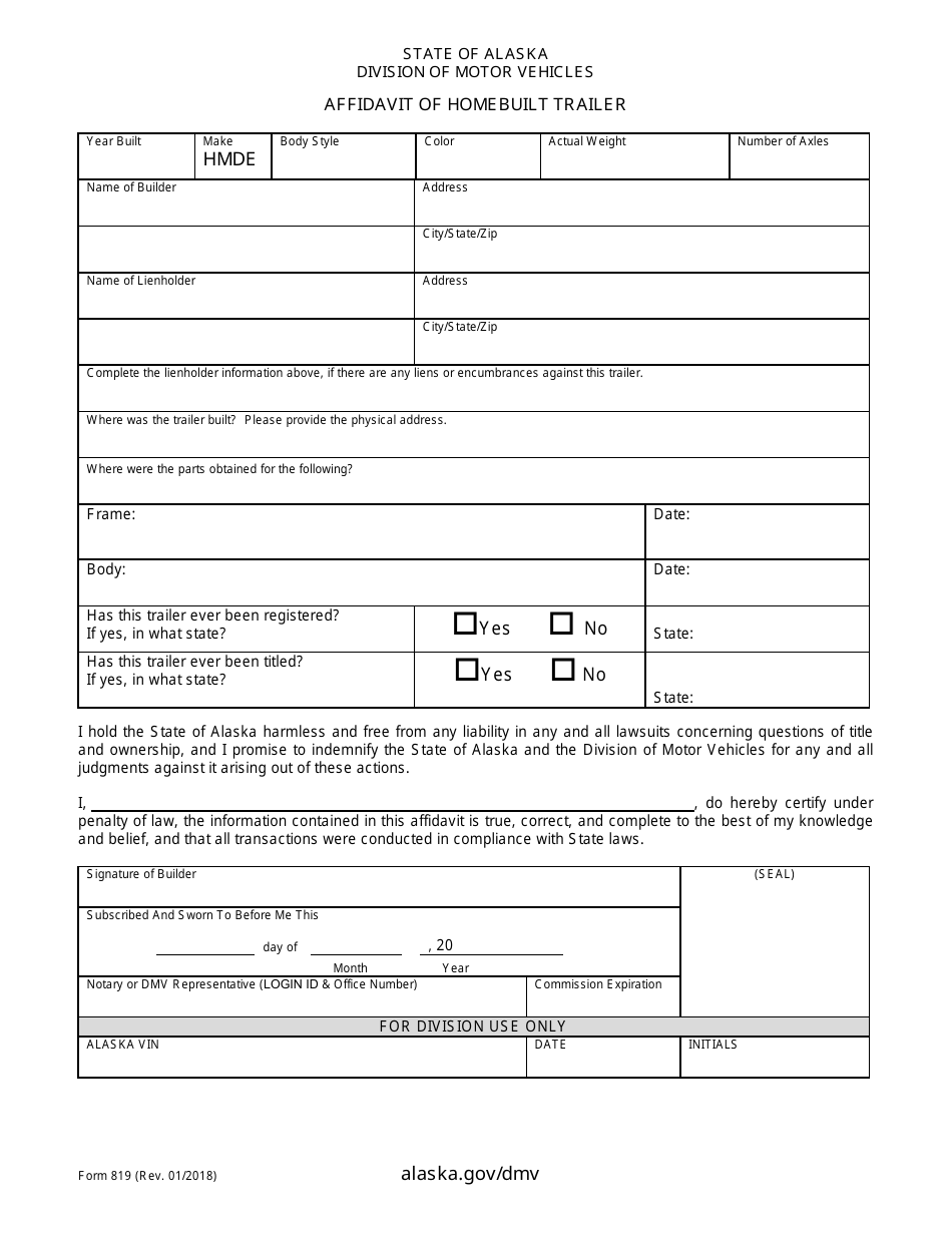 Form 819 Affidavit of Homebuilt Trailer - Alaska, Page 1