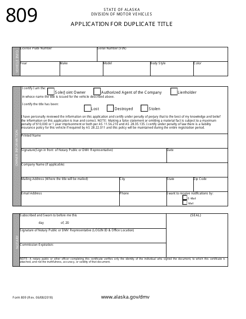 Form 809 Application for Duplicate Title - Alaska