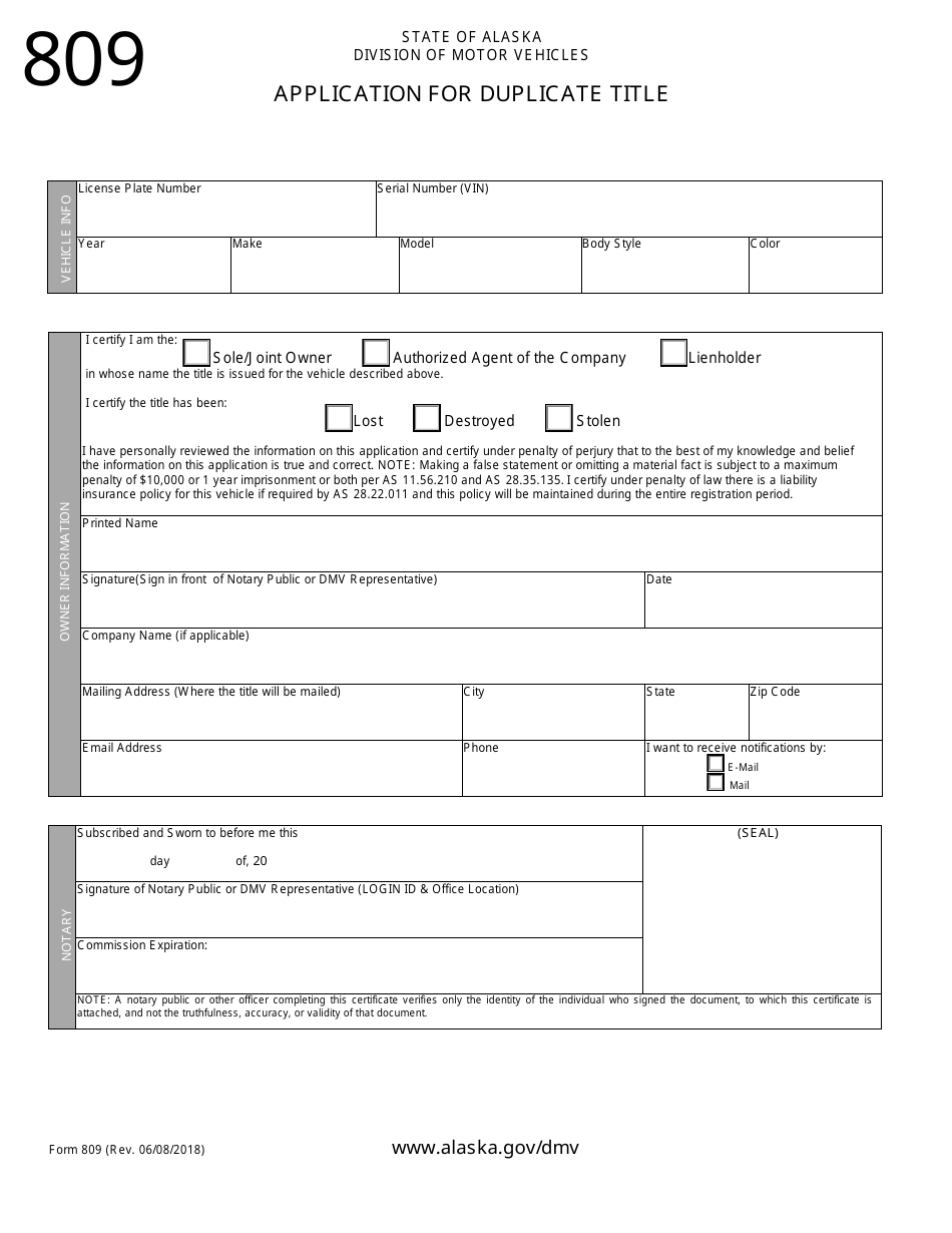 Form 809 Application for Duplicate Title - Alaska, Page 1