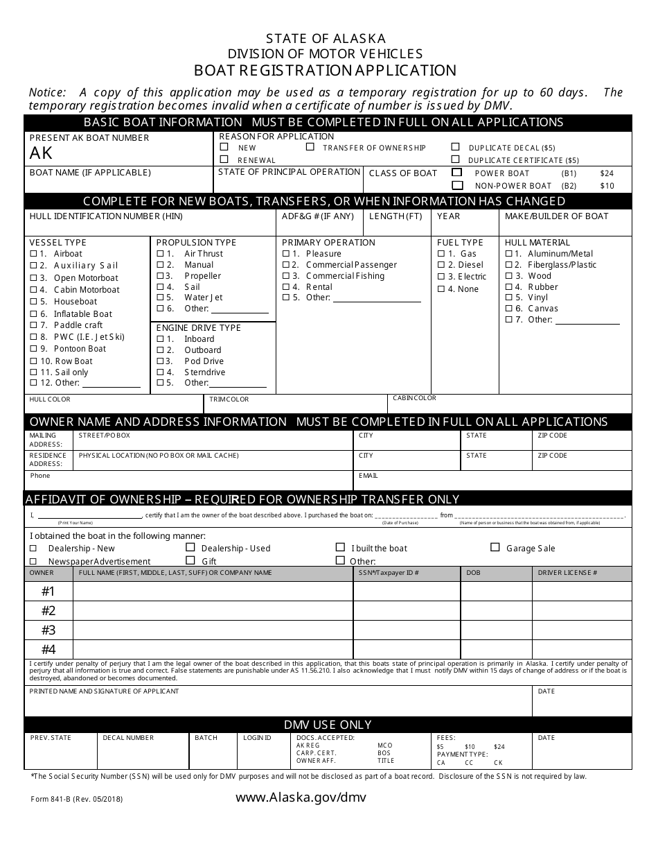 Form 841-B Boat Registration Application - Alaska, Page 1