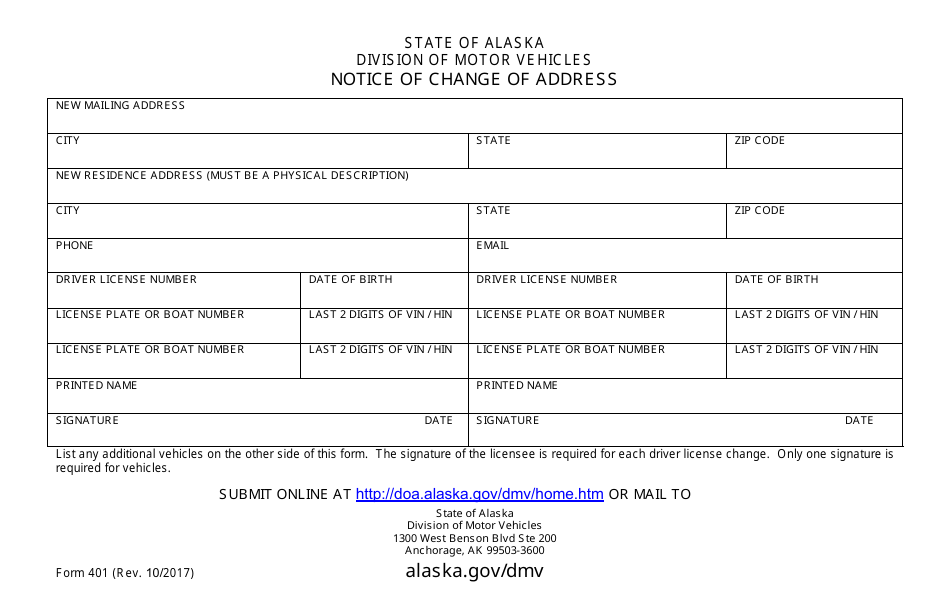 Form 401 Notice of Change of Address - Alaska, Page 1