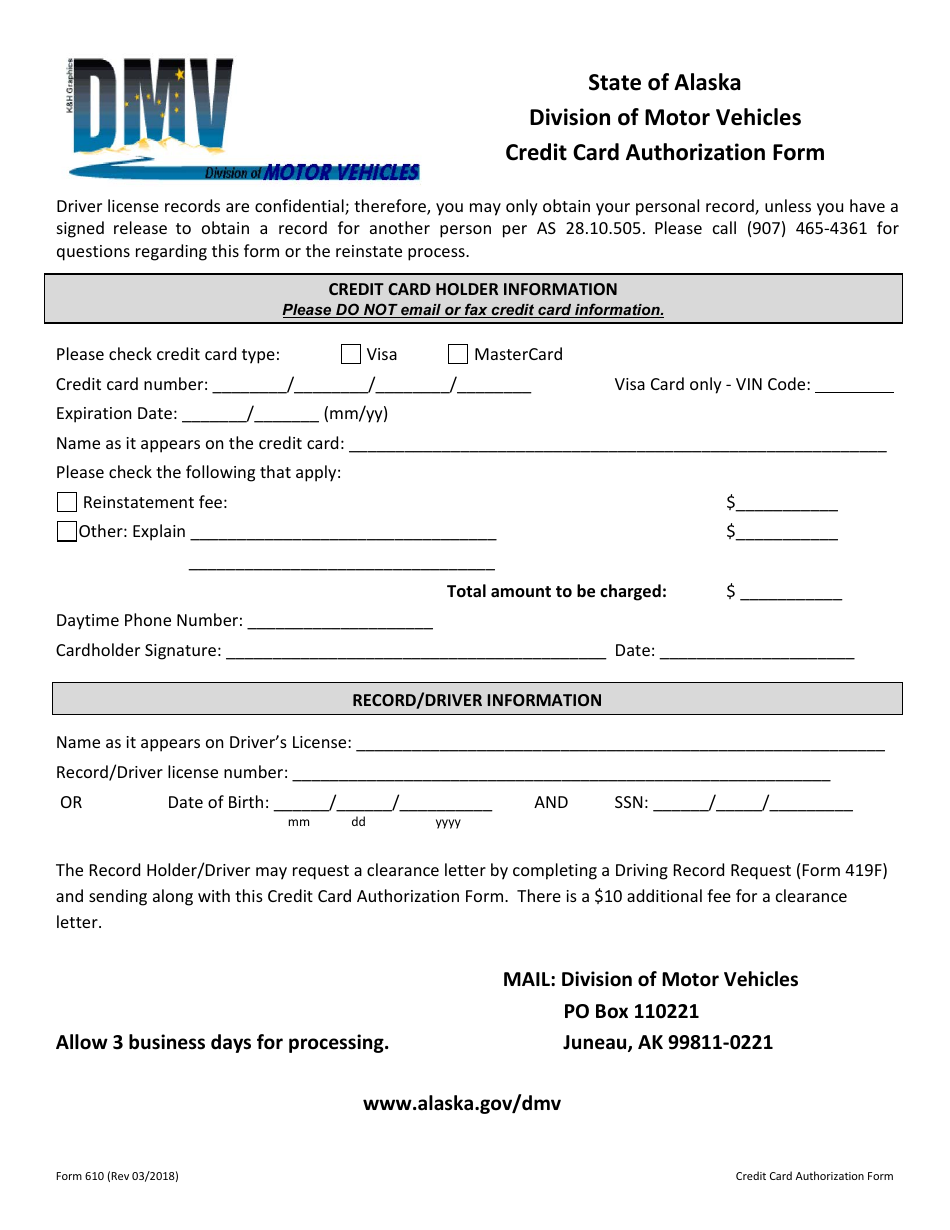 Form 610 Credit Card Authorization Form - Alaska, Page 1