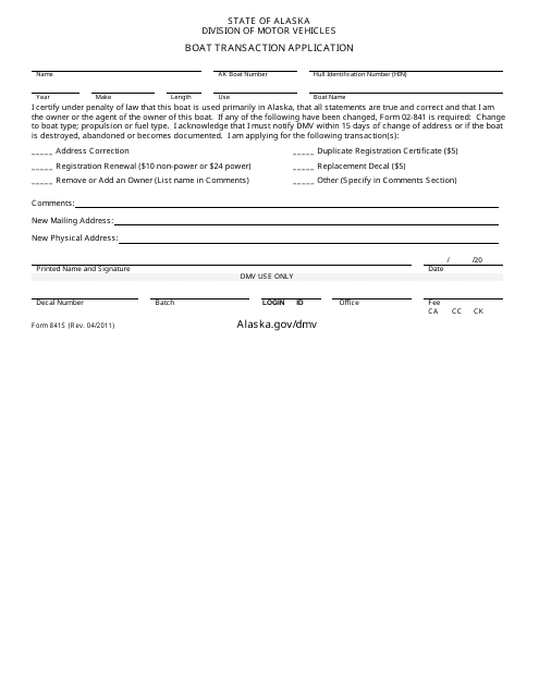 Form 841S Boat Transaction Application - Alaska