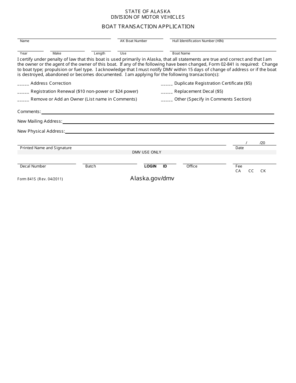 Form 841S Boat Transaction Application - Alaska, Page 1