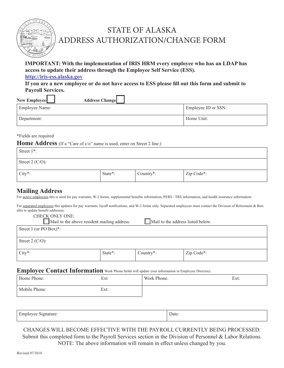 Address Authorization / Change Form - Alaska, Page 1