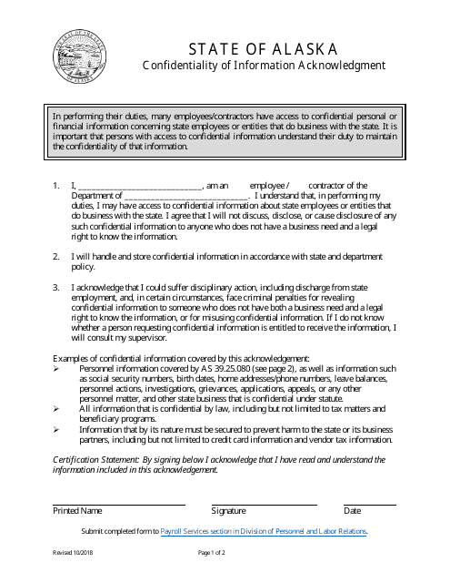 Confidentiality of Information Acknowledgement Form - Alaska Download Pdf