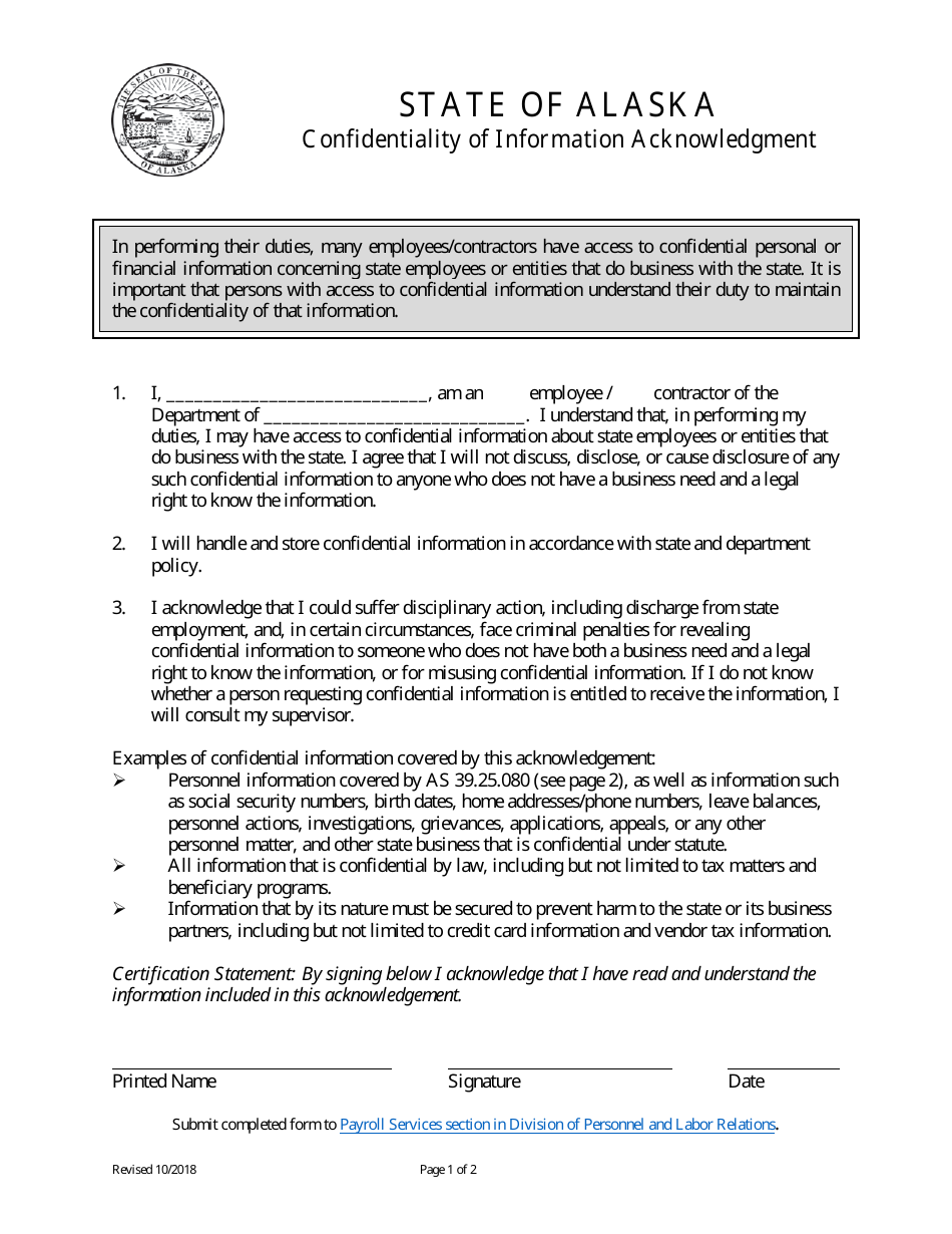 Confidentiality of Information Acknowledgement Form - Alaska, Page 1