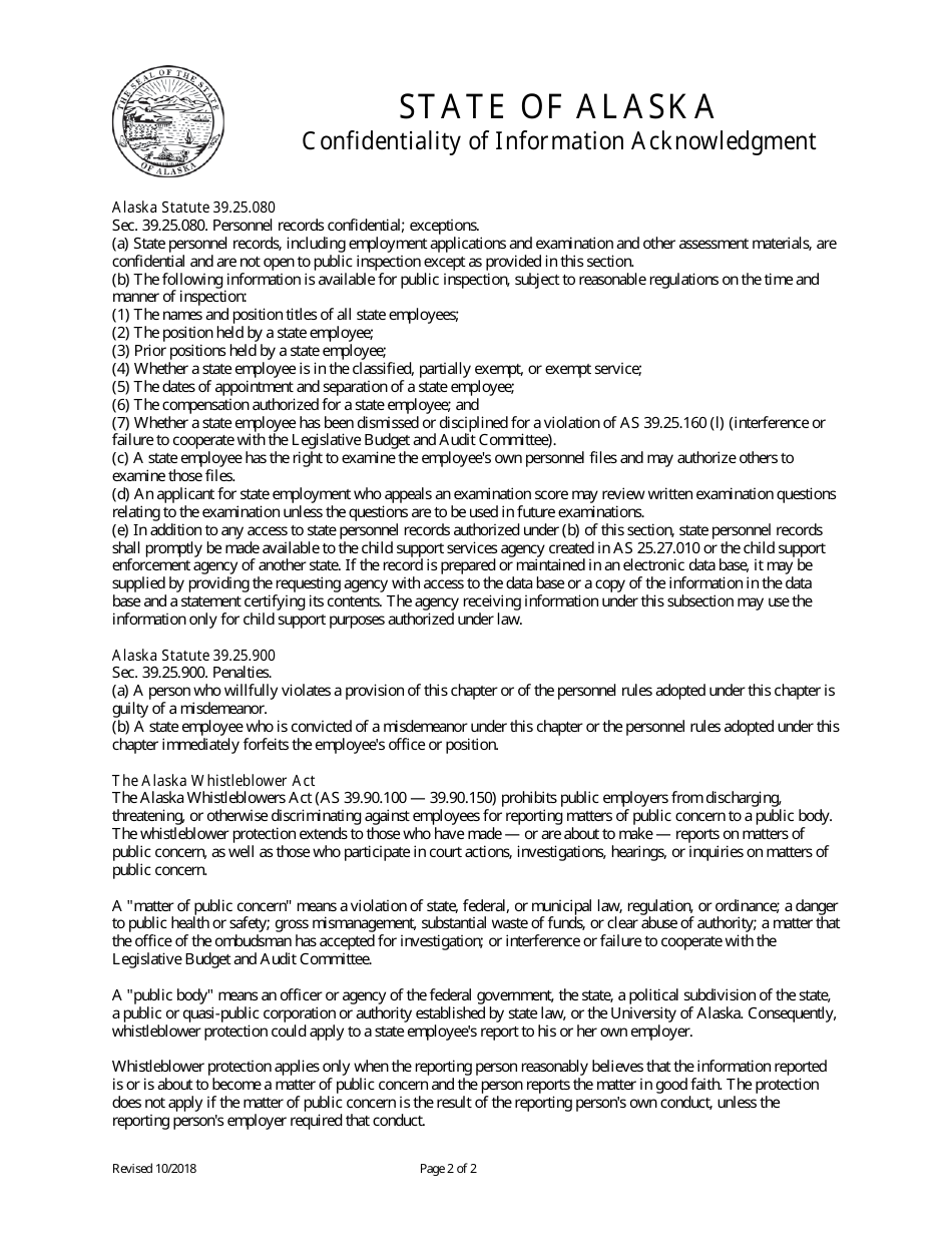 Confidentiality of Information Acknowledgement Form - Alaska, Page 2