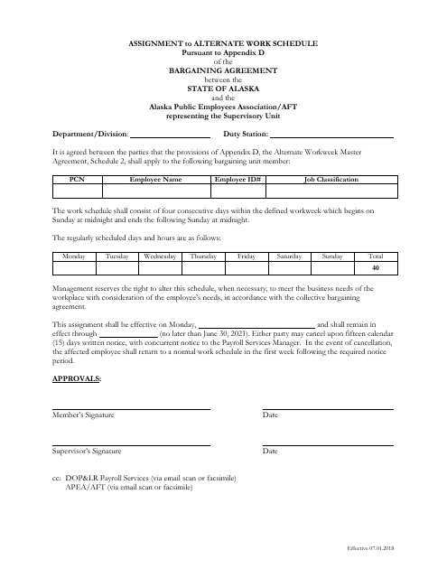 Assignment to Alternate Work Schedule Pursuant to Appendix D of the Bargaining Agreement Between the State of Alaska and the Alaska Public Employees Association / Aft Representing the Supervisory Unit - Alaska Download Pdf