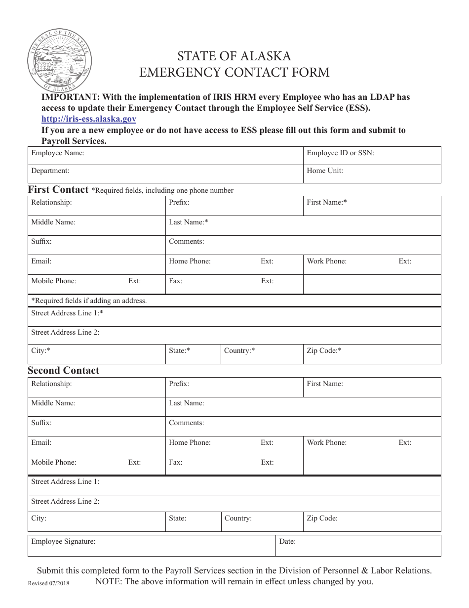 Emergency Contact Form - Alaska, Page 1