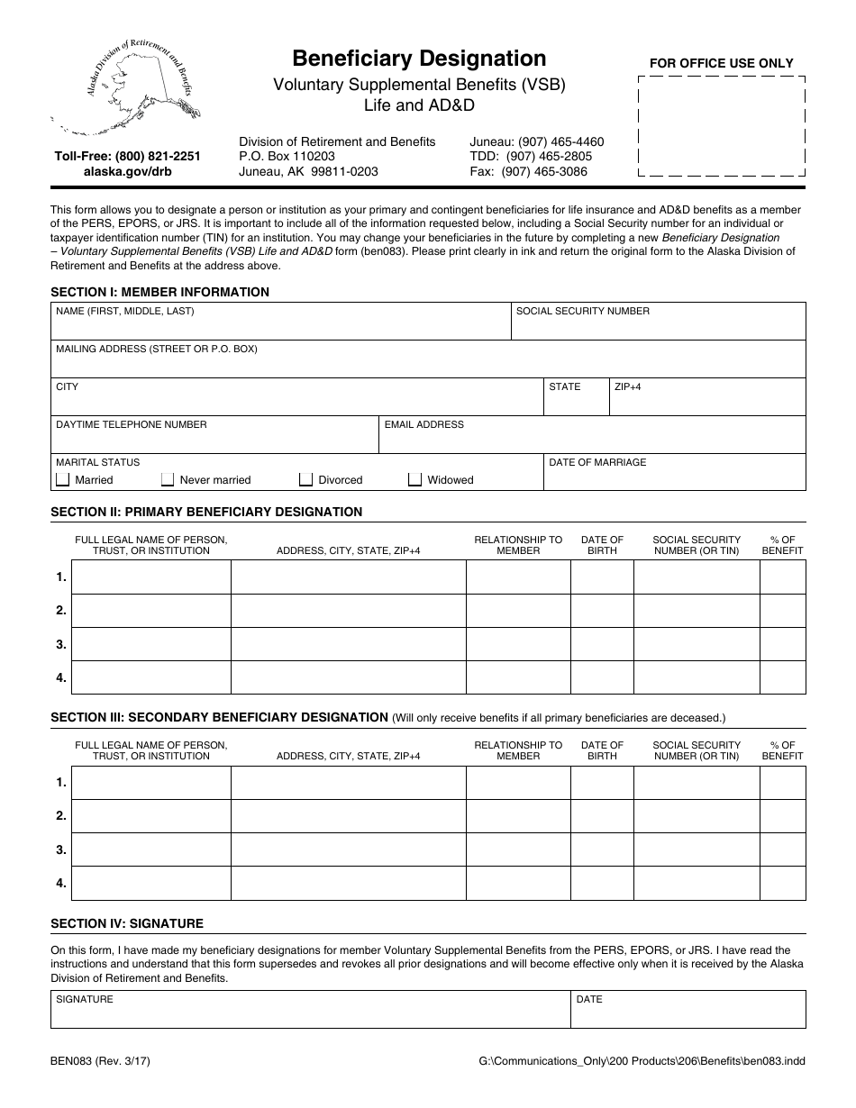 Form BEN083 Beneficiary Designation (Voluntary Supplemental Benefits (Vsb) - Life and Dd) - Alaska, Page 1