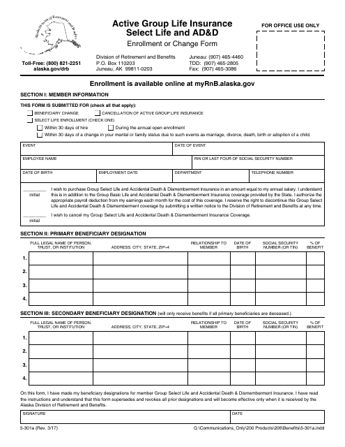 Form 5-301A Enrollment or Change Form - Active Group Life Insurance Select Life and Ad&d - Alaska