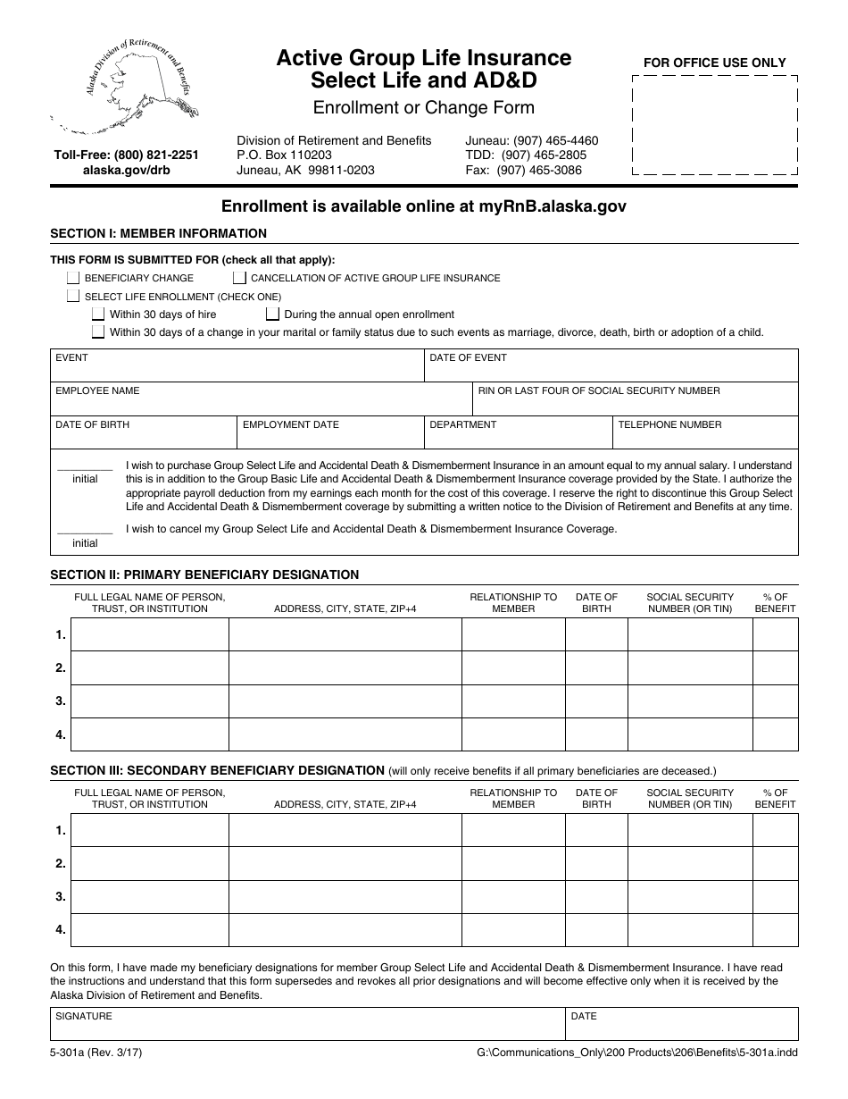 Form 5-301A Enrollment or Change Form - Active Group Life Insurance Select Life and Add - Alaska, Page 1