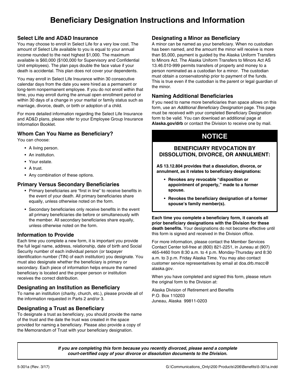 Form 5-301A Enrollment or Change Form - Active Group Life Insurance Select Life and Add - Alaska, Page 2