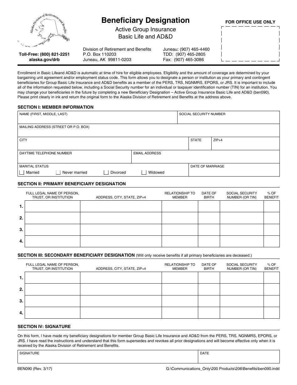 Form BEN090 Beneficiary Designation (Active Group Insurance Basic Life and Add) - Alaska, Page 1