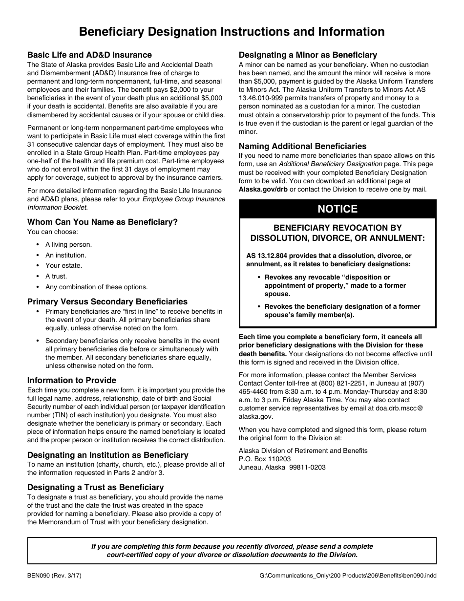 Form BEN090 Beneficiary Designation (Active Group Insurance Basic Life and Add) - Alaska, Page 2