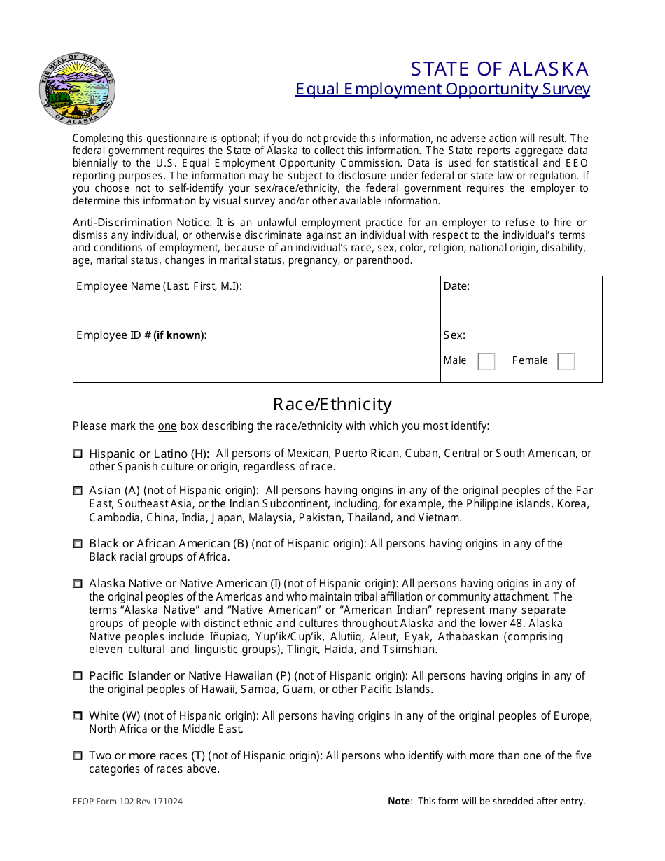 Form 102 Equal Employment Opportunity Survey - Alaska, Page 1