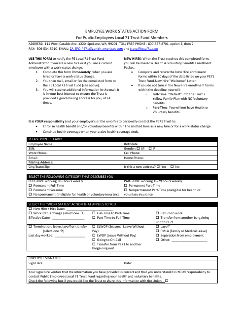 Employee Work Status Action Form for Public Employees Local 71 Trust Fund Members - Alaska Download Pdf