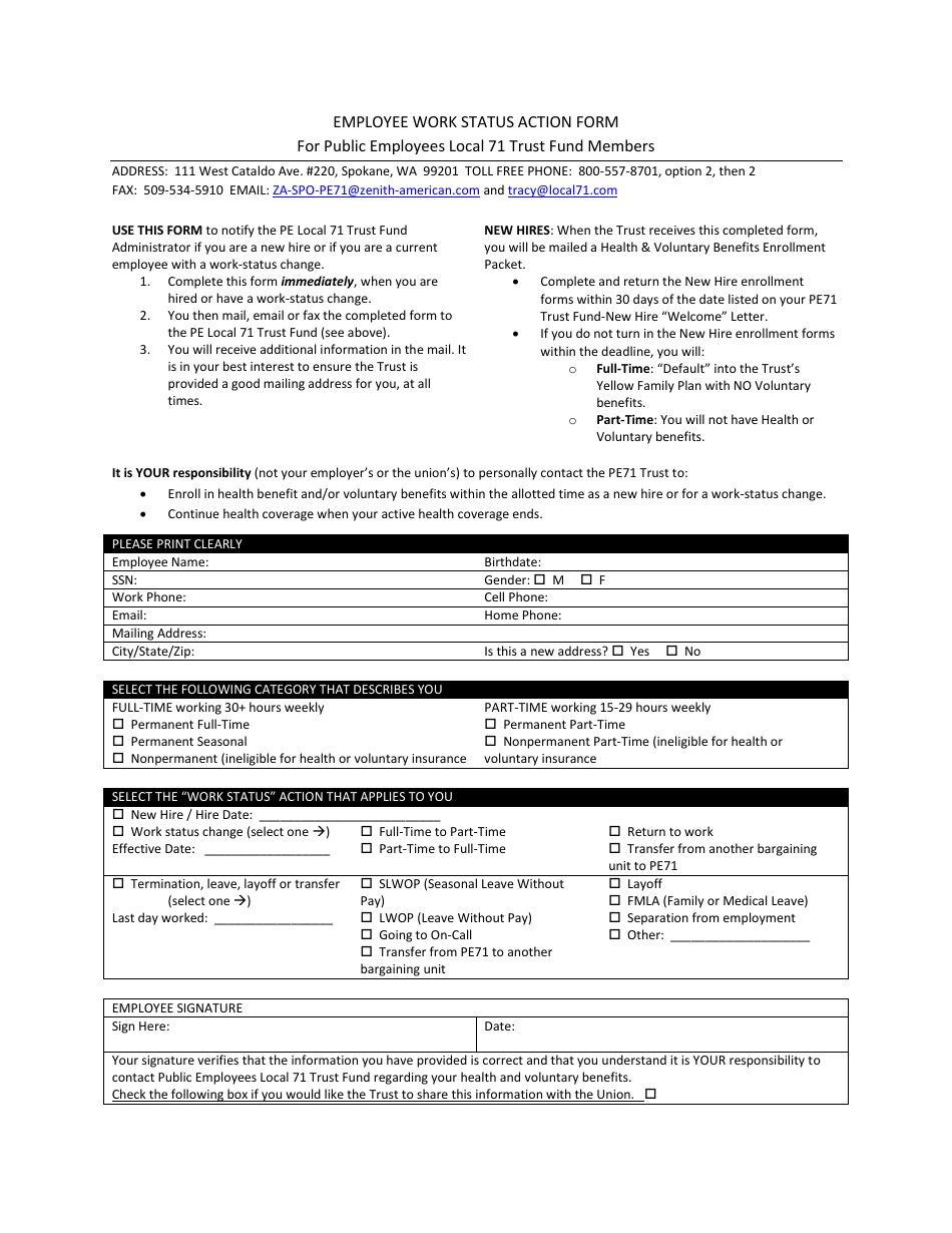 Employee Work Status Action Form for Public Employees Local 71 Trust Fund Members - Alaska, Page 1