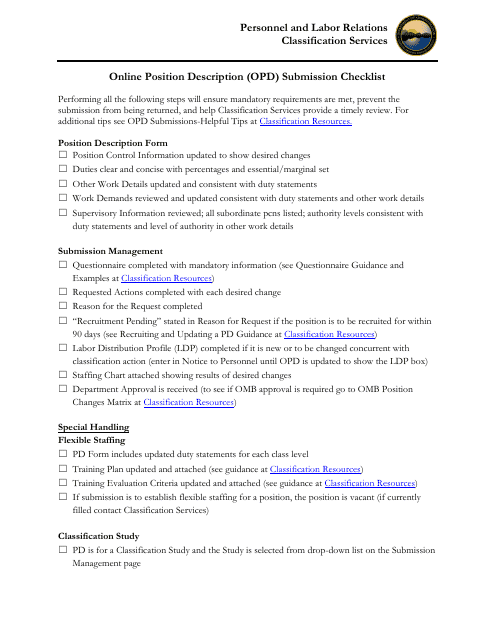 Online Position Description (Opd) Submission Checklist - Alaska