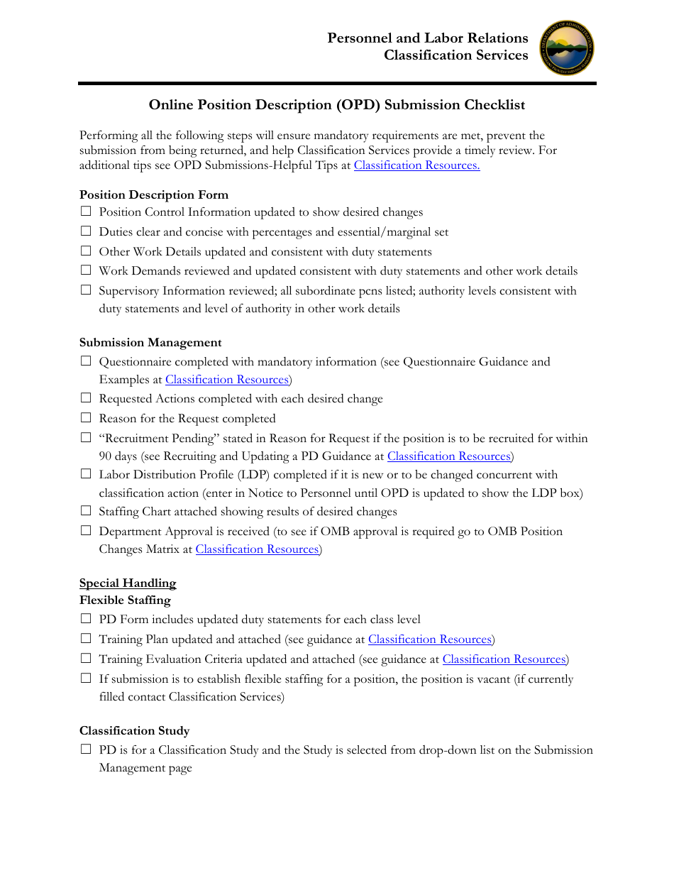 Online Position Description (Opd) Submission Checklist - Alaska, Page 1