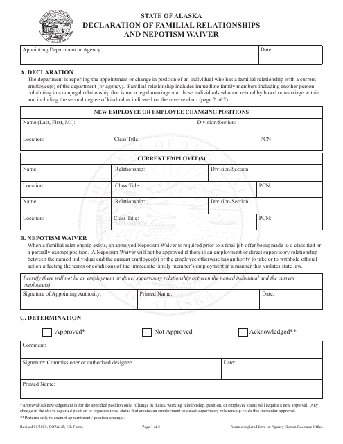 Declaration of Familial Relationships and Nepotism Waiver - Alaska Download Pdf