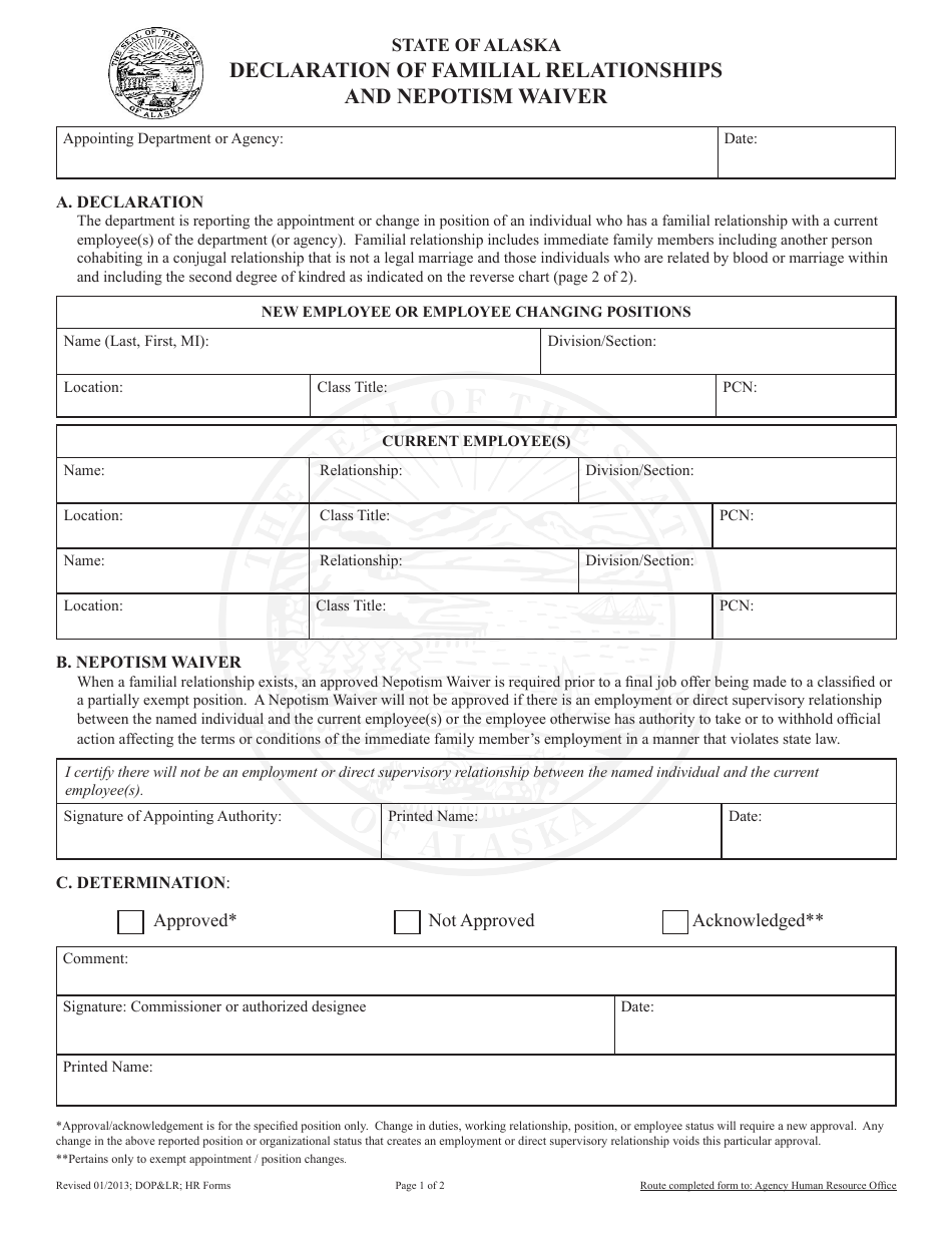 Declaration of Familial Relationships and Nepotism Waiver - Alaska, Page 1