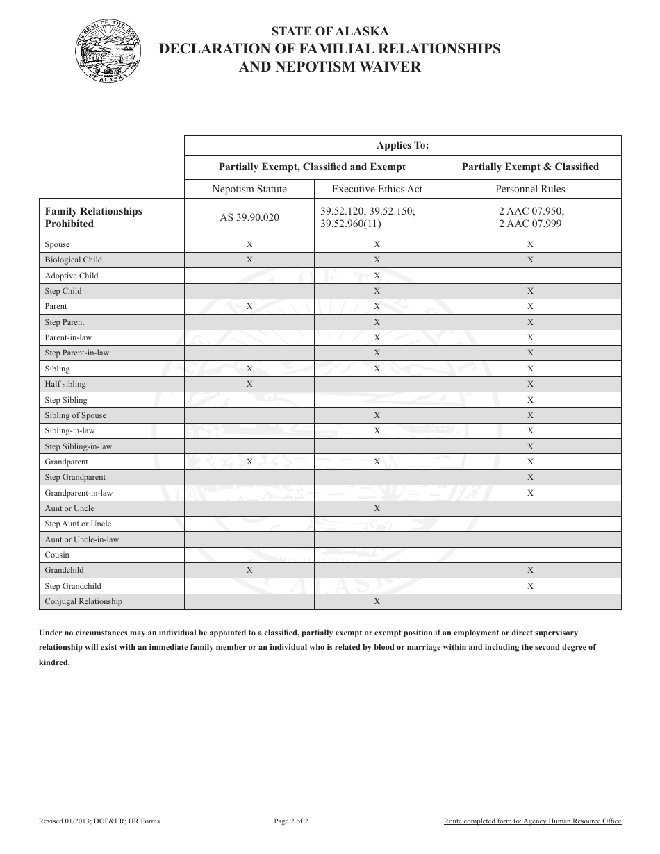 Declaration of Familial Relationships and Nepotism Waiver - Alaska, Page 2