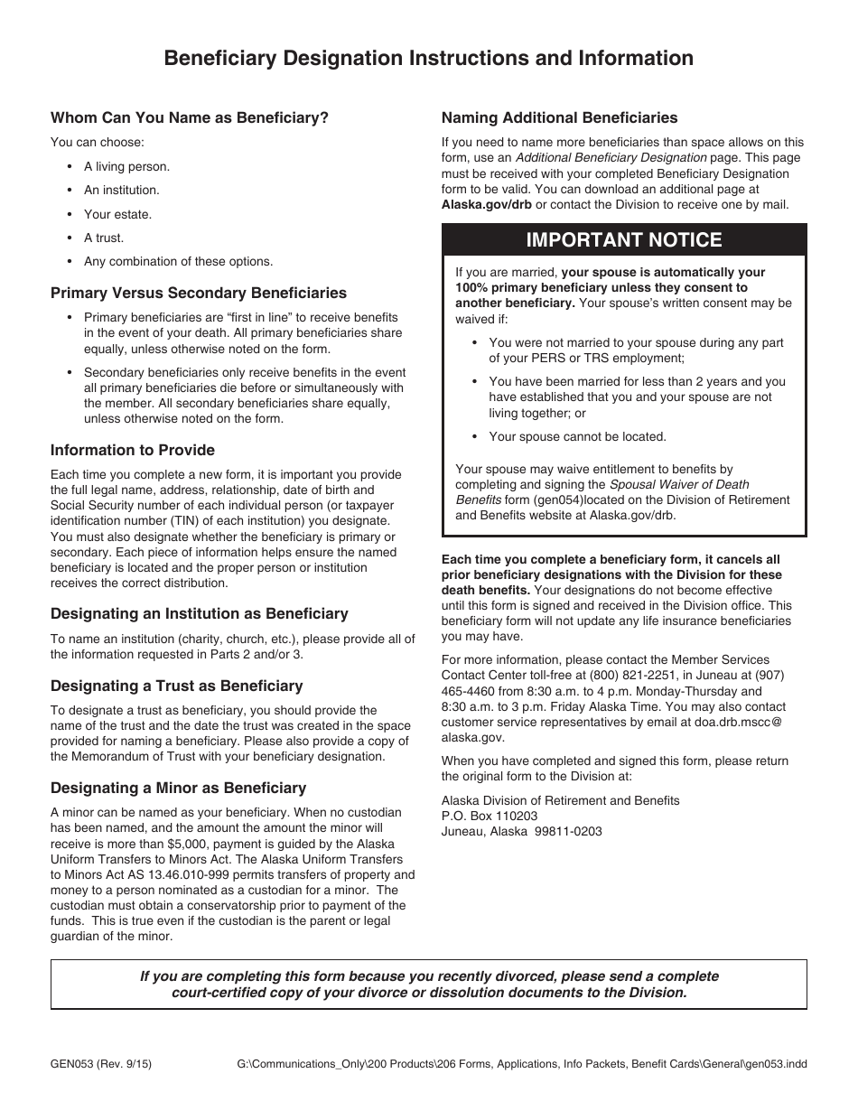 Form GEN053 Beneficiary Designation - Alaska, Page 2
