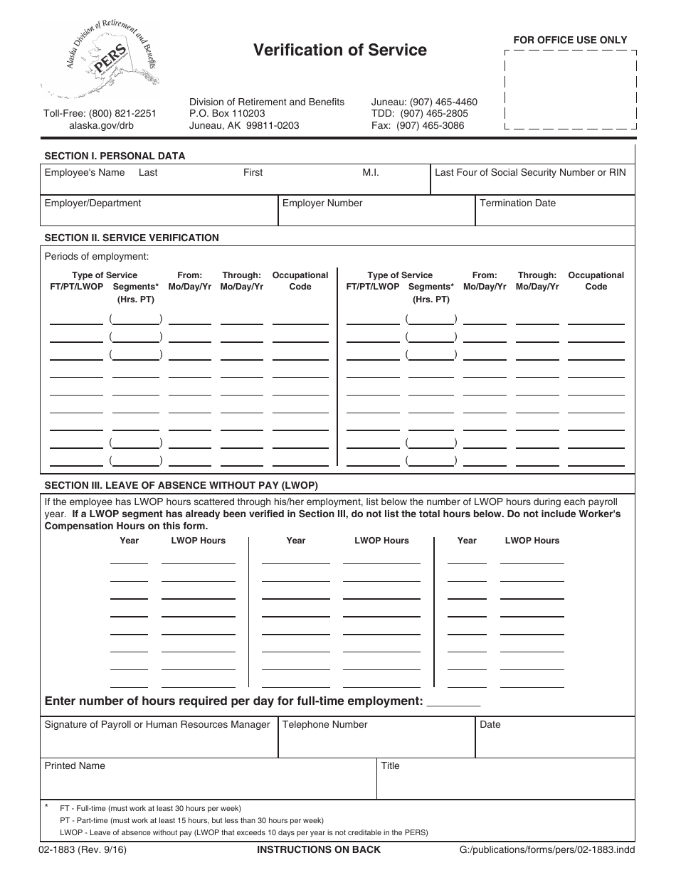 Form 02-1883 Verification of Service - Alaska, Page 1