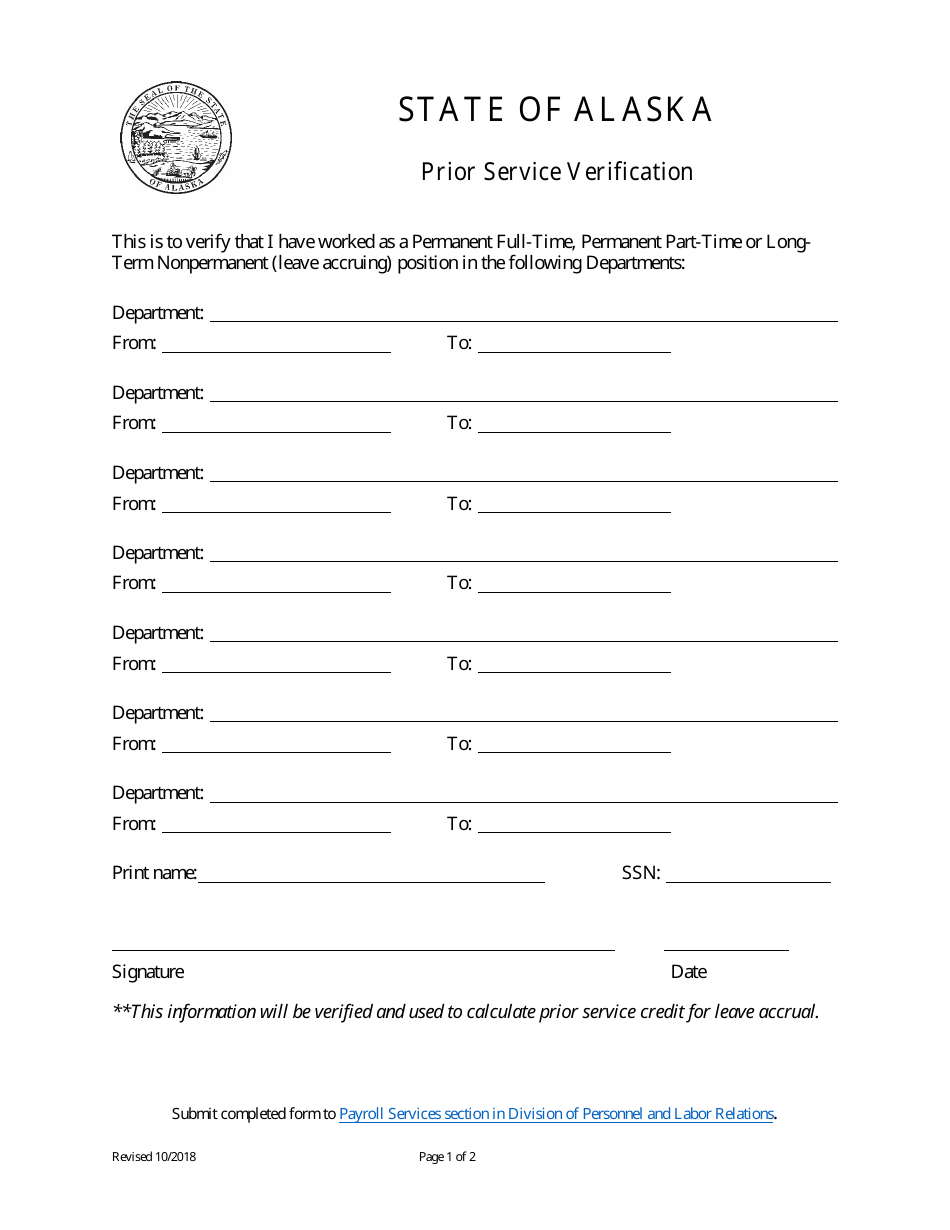 Prior Service Verification Form - Alaska, Page 1