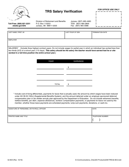 Form 02-803 Trs Salary Verification - Alaska