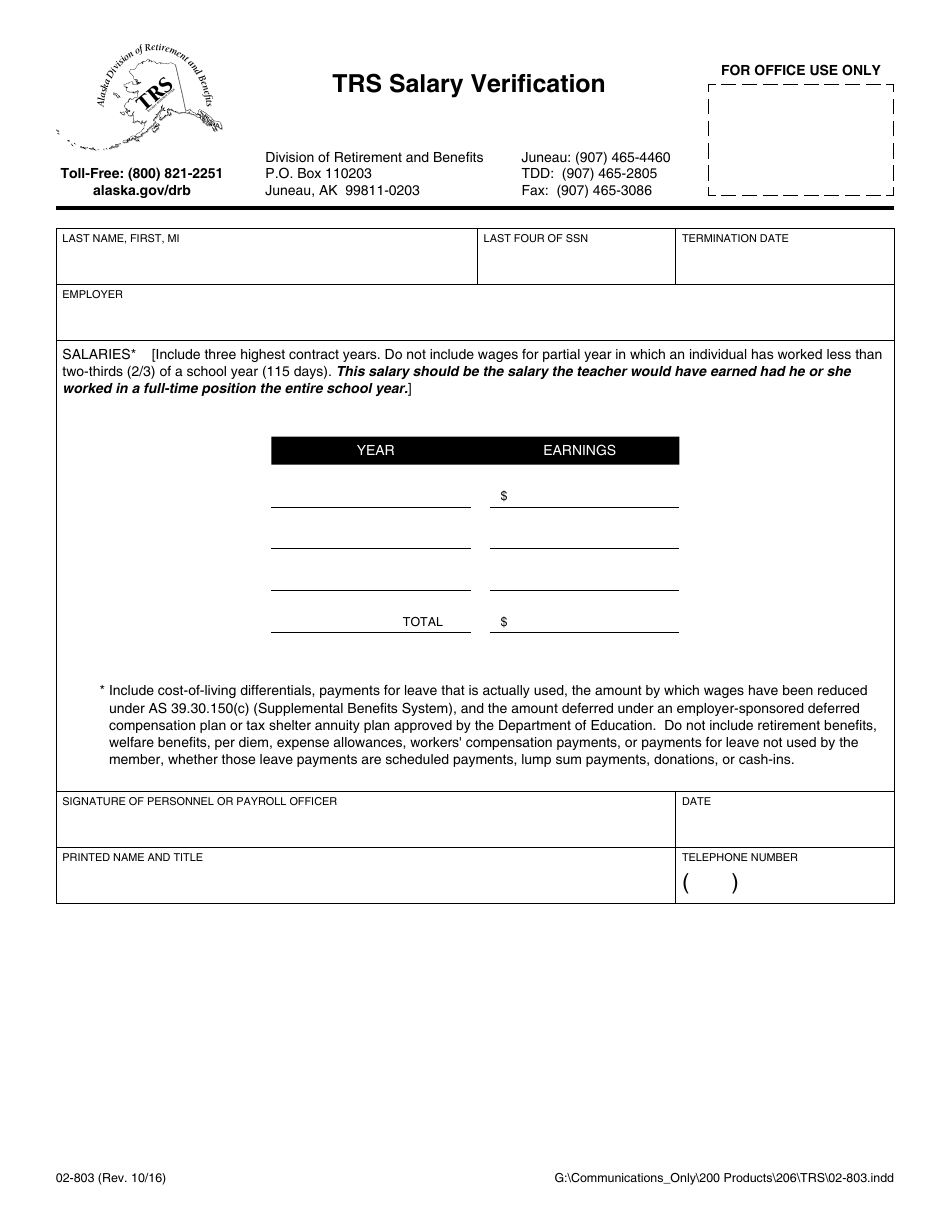 Form 02-803 Trs Salary Verification - Alaska, Page 1