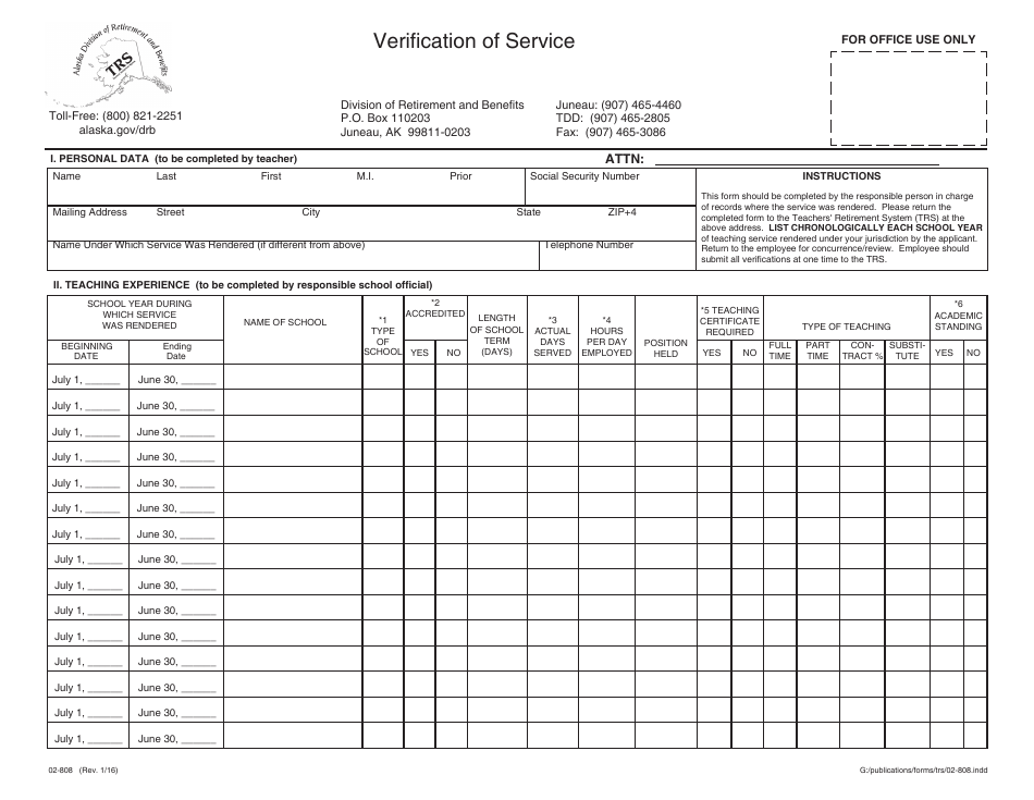 Form 02-808 Verification of Service - Alaska, Page 1