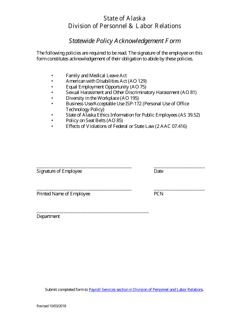 Statewide Policy Acknowledgement Form - Alaska, Page 1