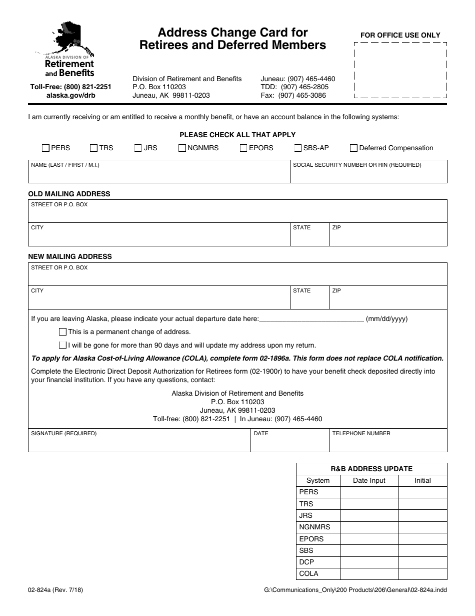 Form 02-824A Address Change Card for Retirees and Deferred Members - Alaska, Page 1